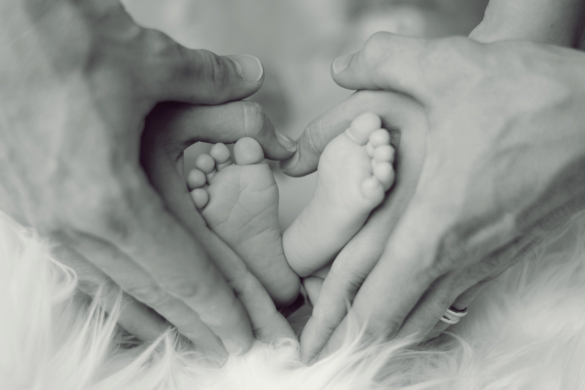 Pieds de bébé entourés des mains de ses parents