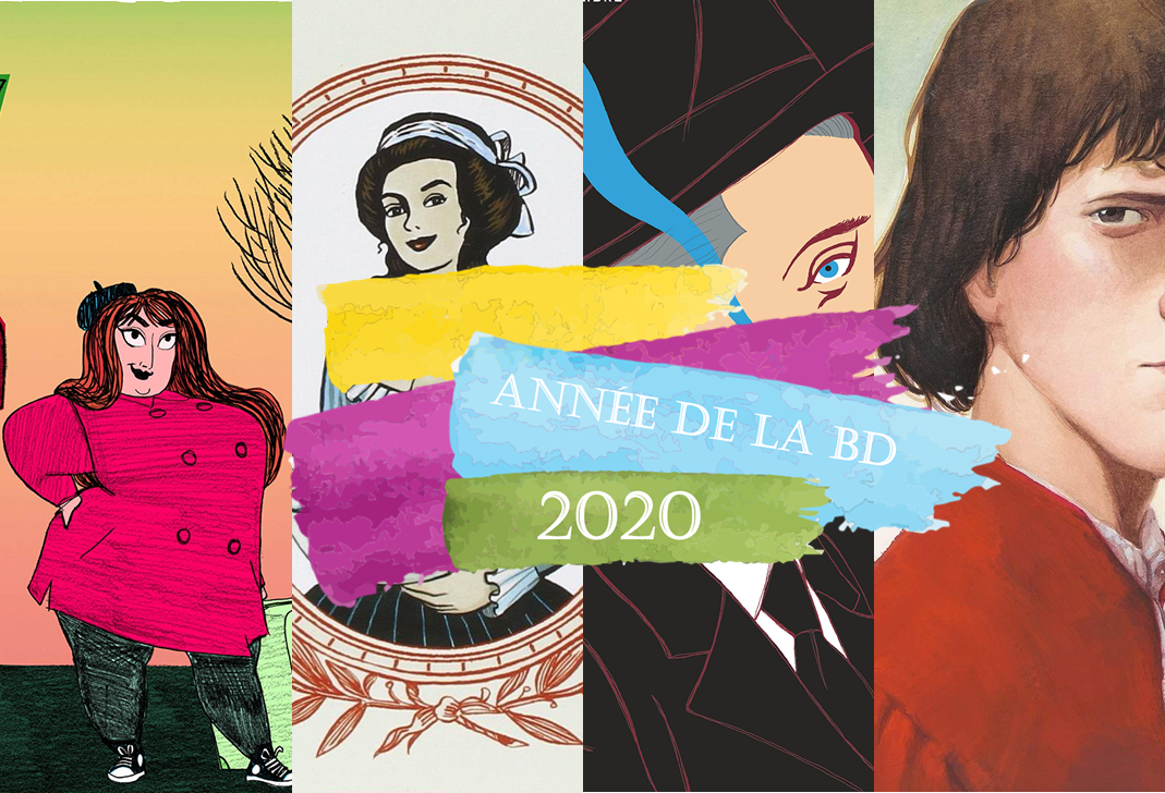 4 couvertures de BD côte à côte avec un personnage sur chaque, et logo avec inscription Année de la BD 2020