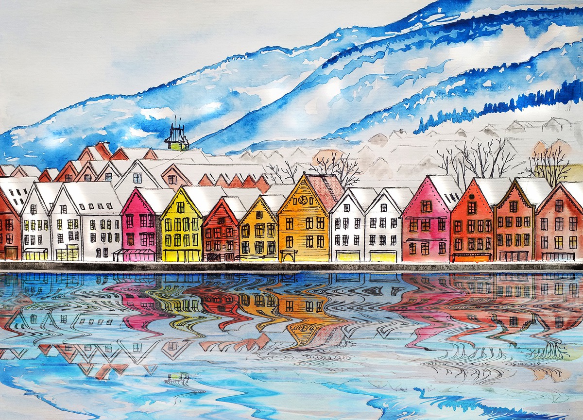 maisons nordiques colorées au bord de l'eau