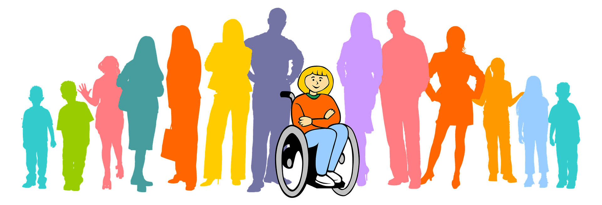 Dessin d'une jeune fille en fauteuil roulant devant des silhouettes colorées