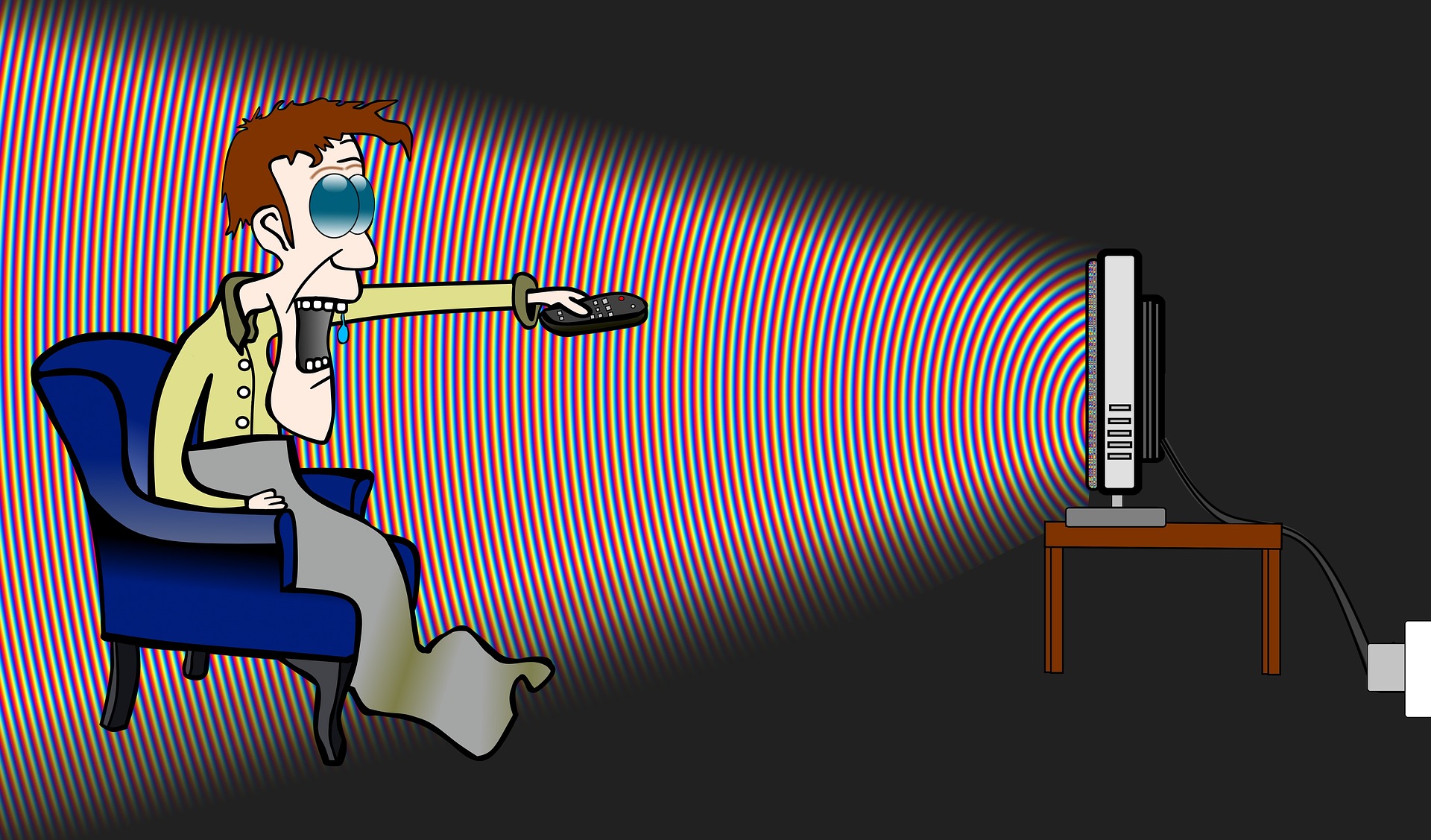 Personnage aux yeux bleus globuleux devant écran avec une télécommande visant une télé