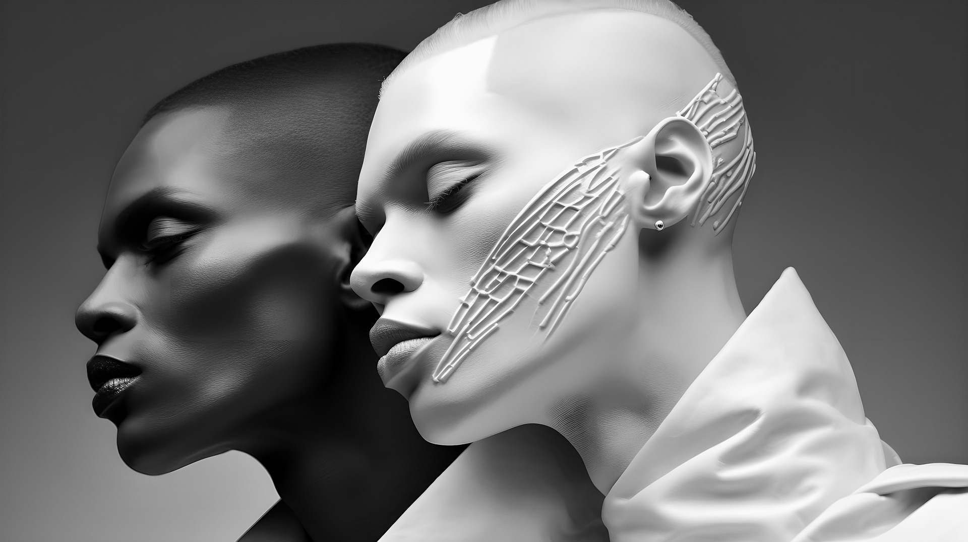 tête de deux personnes de profil, une à la peau noire et l'autre à la peau blanche avec des scarifications sur la joue