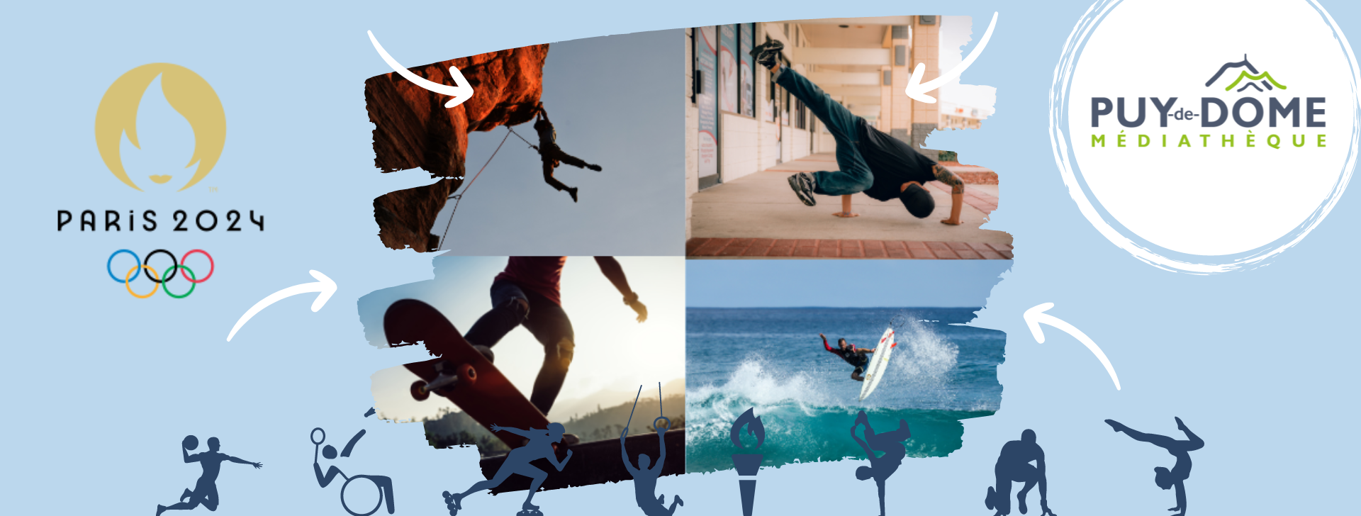 4 images représentant chacune un grimpeur, un skateur, un breakdanceur et un surfeur sur une vague, avec logo des JO PARIS 2024