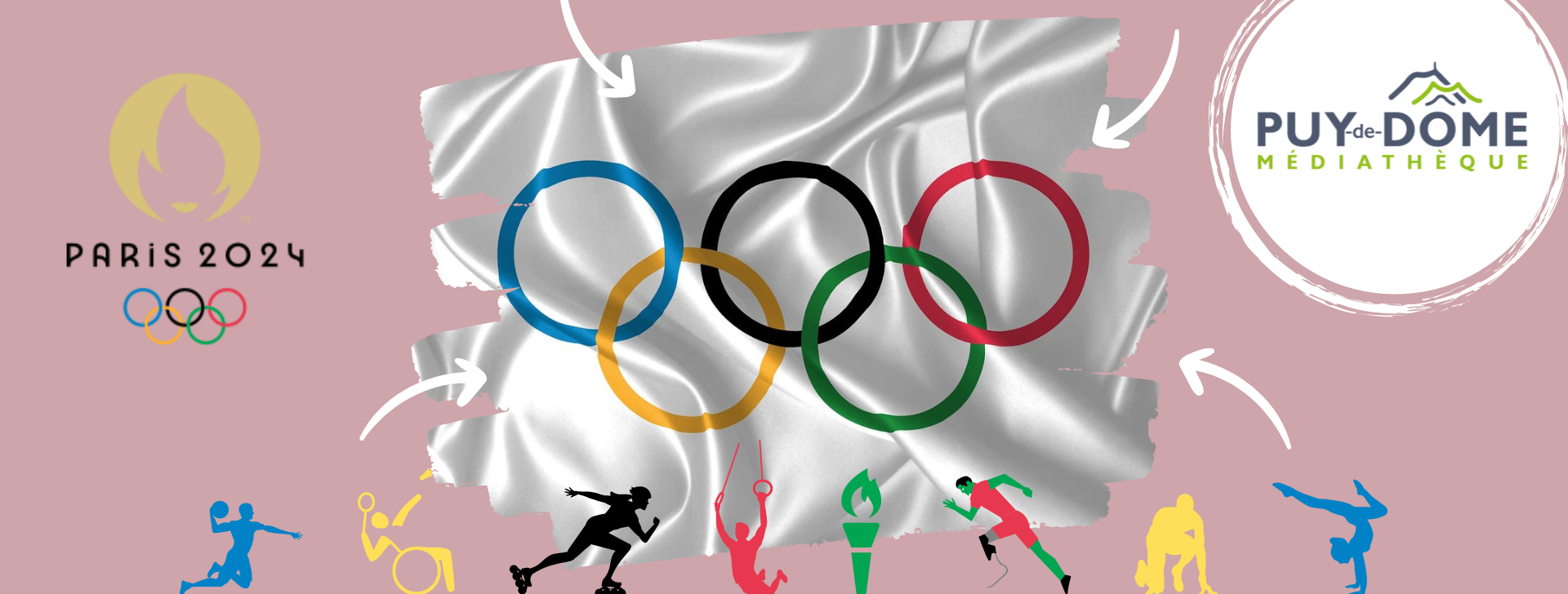Photo représentant un drapeau avec les anneaux des JO, logo des JO PARIS 2024, figurines sportives