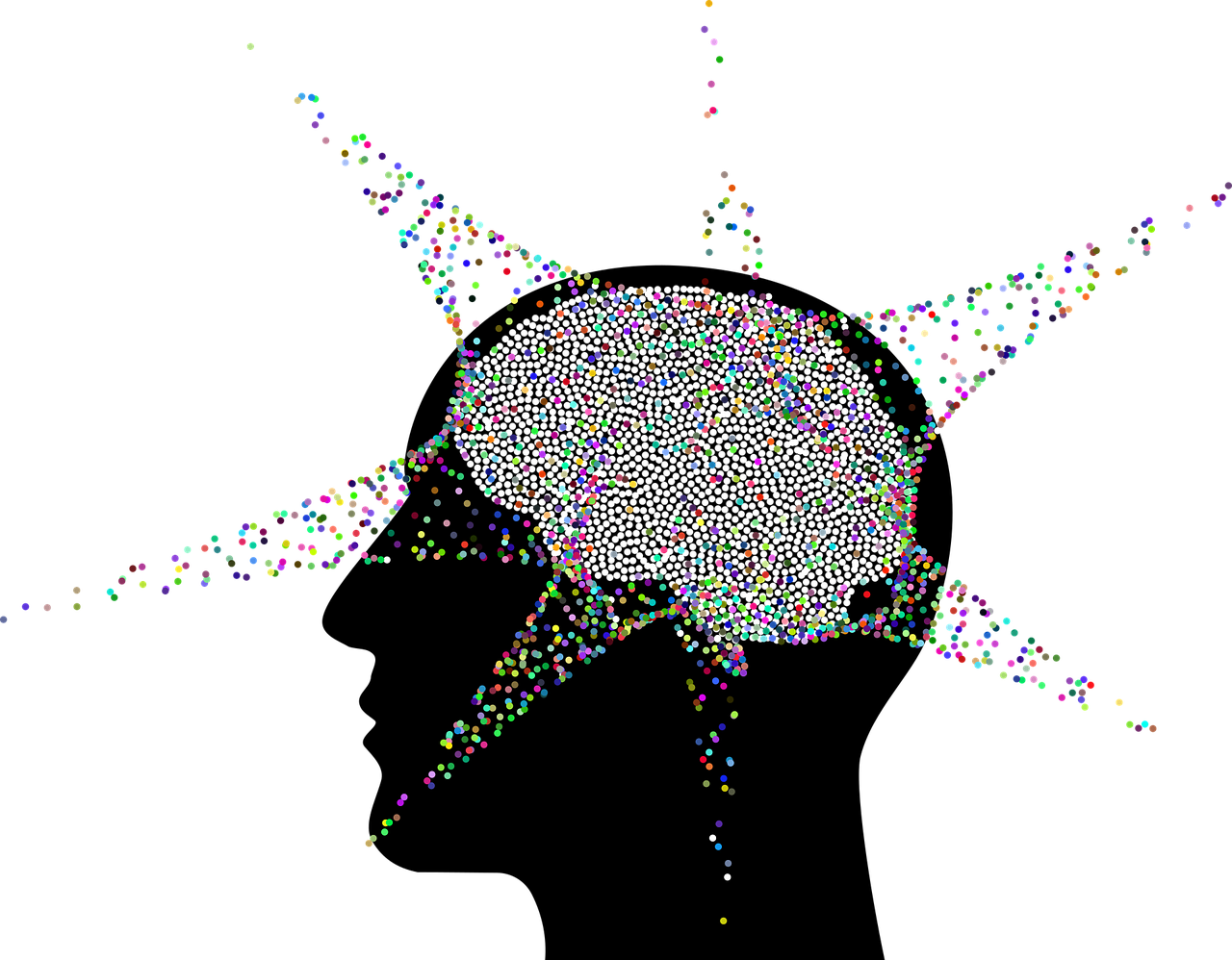 un cerveau humain dans une tête humaine avec des trajectoires colorées