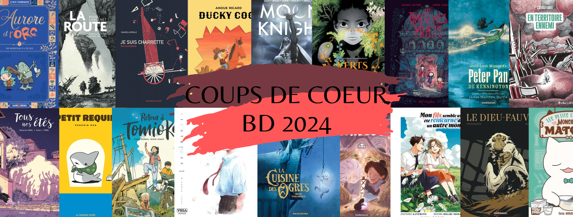 couvertures de BD multicolores avec bandeau bleu et vert et inscription "coups de coeur BD 2024"