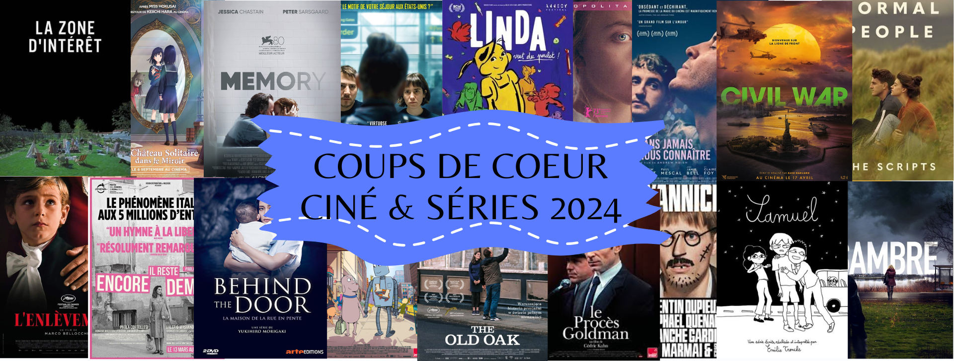 Images des films avec bandeau bleu au milieu et indication" coups de coeur ciné et séries 2024"