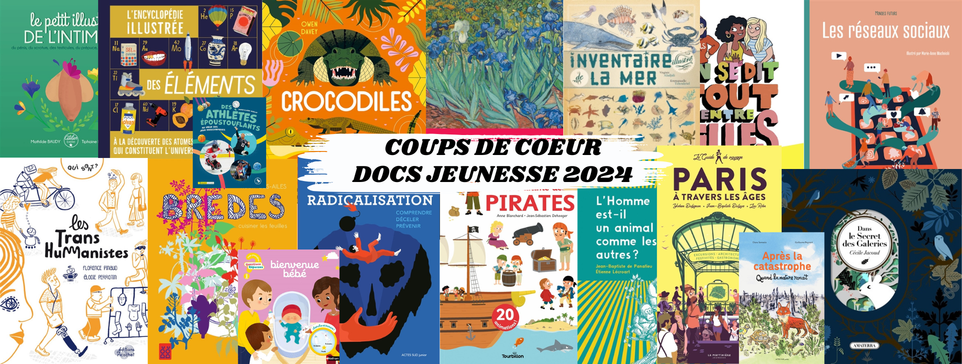 Patchwork des couvertures de nos coups de cœur Docs Jeunesse 2024