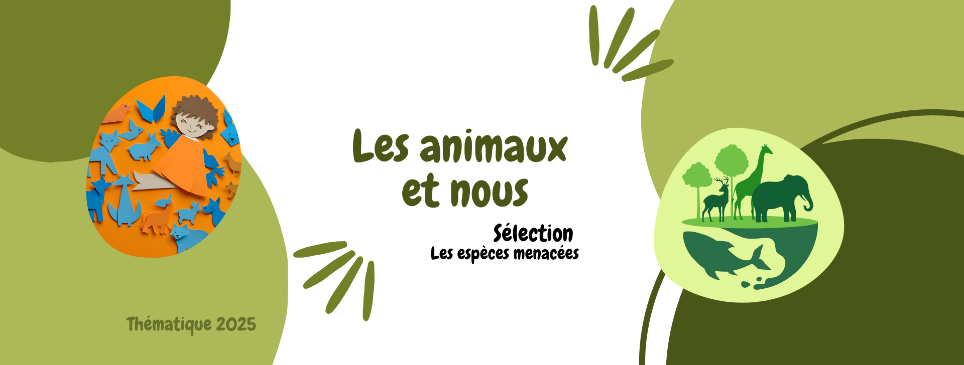 bandeau vert et blanc avec animaux en vert et titre Les animaux et nous