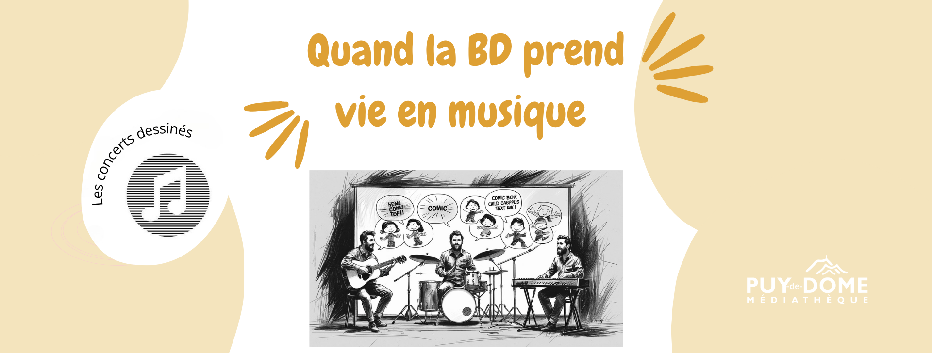hommes jouant de la musique sur fond blanc avec bulles et fond marron clair