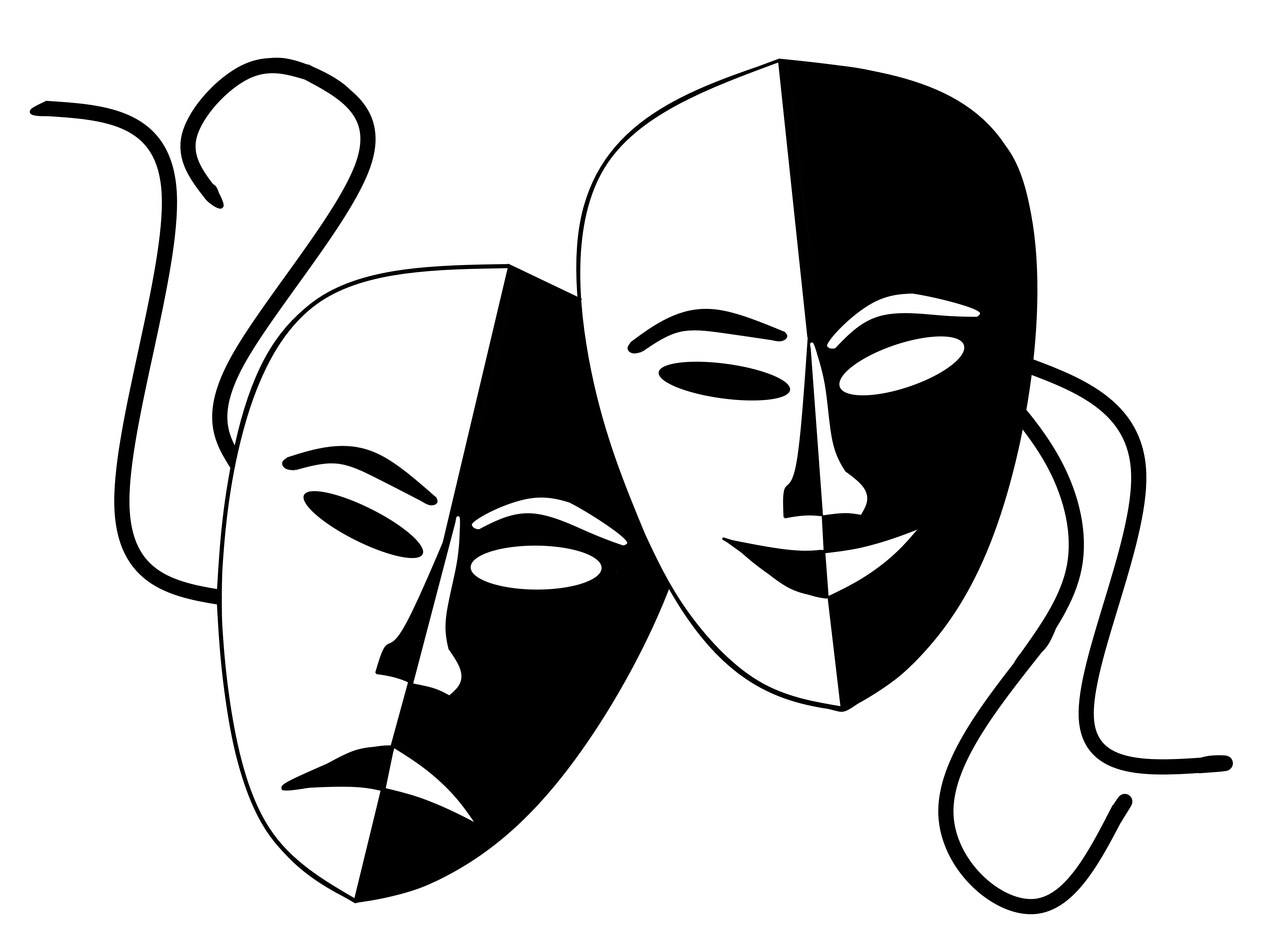 2 masques en noir et blanc l'un souriant et l'autre faisant la grimace
