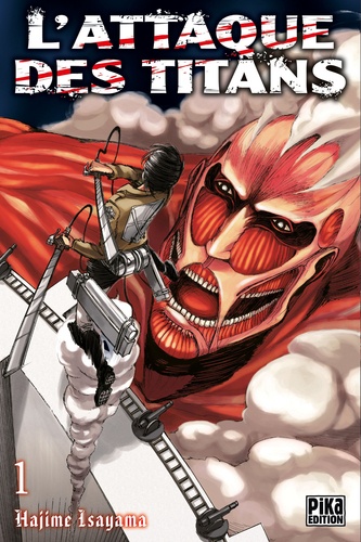 couverture manga l'Attaque des Titans, monstre rouge avec jeune homme le surplombant