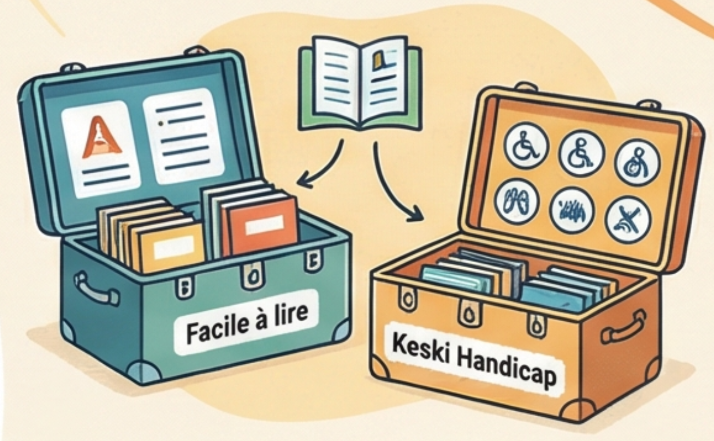 dessin de malles de médiation garnies de livres et picto handicap