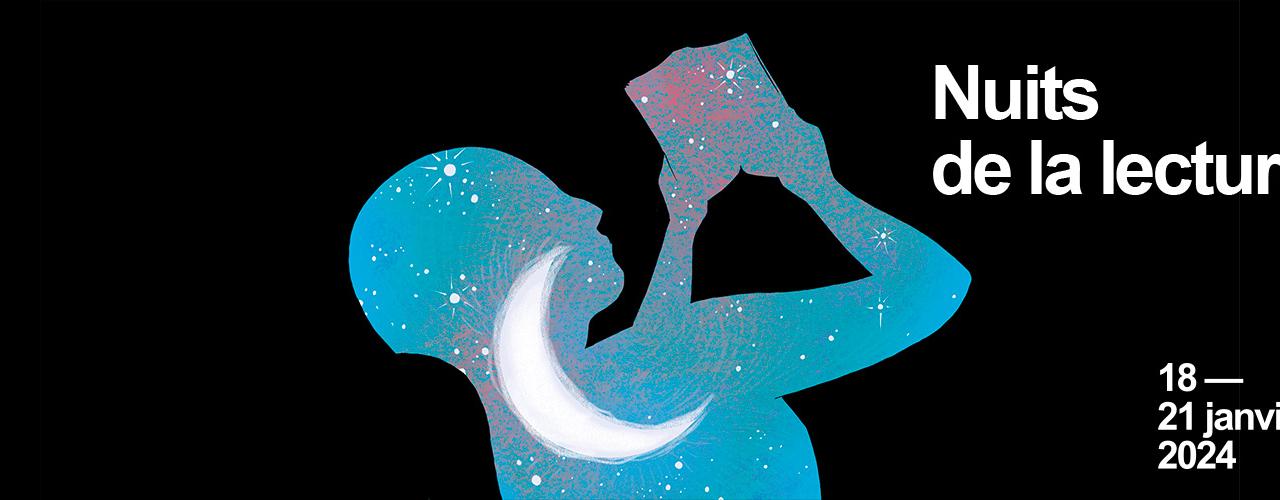 Affiche de l'événement : personnage en motif de ciel étoilé et lune lisant les bras levés