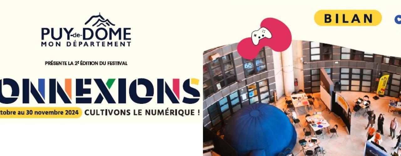 Page de garde du bila Connexoins 2024  : logo du festival et photo de l'inauguration dans le Hall du Département