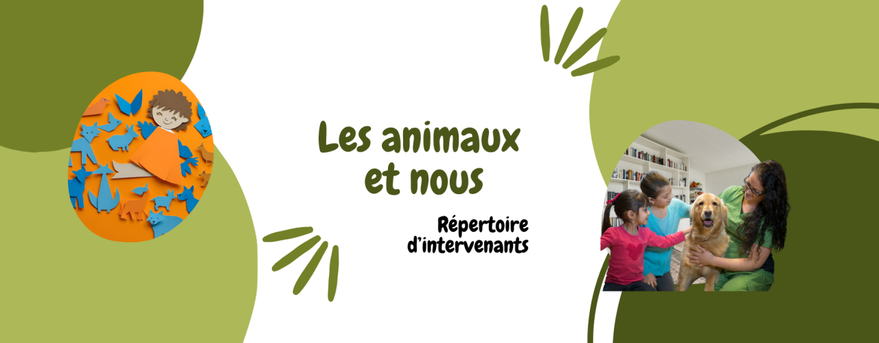 Bannière qui représente la thématique, une femme, des enfants et un chien dans une bibliothèque