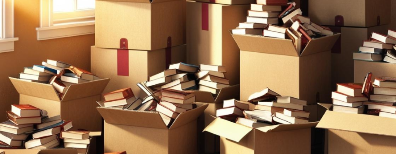 image de cartons empilés avec des livres qui débordent