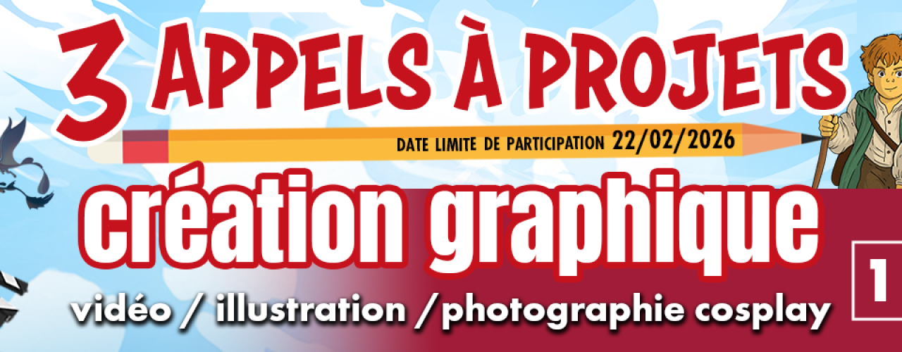 Bannière pour 3 appels à projets du Puy-de-Dôme (vidéo, illustration, photo cosplay) avec 1 500 € par prix. Personnages geek et logo du département en illustration