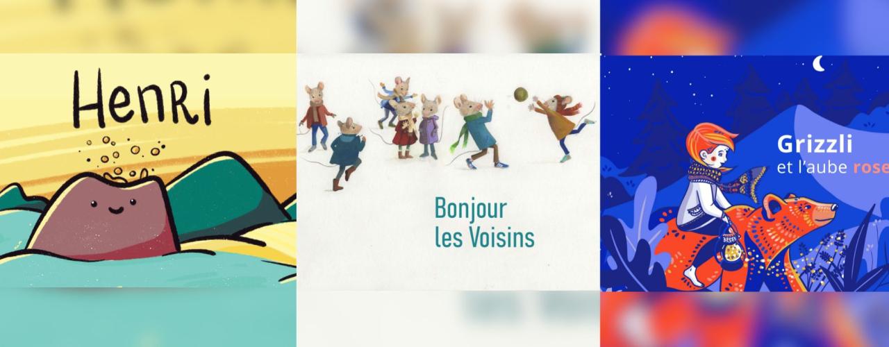 Henri : un bébé volcan / Bonjour les voisins : une famille de souris habillées / Grizzly et l'aube rose : une petite fille sur le dos d'un ours