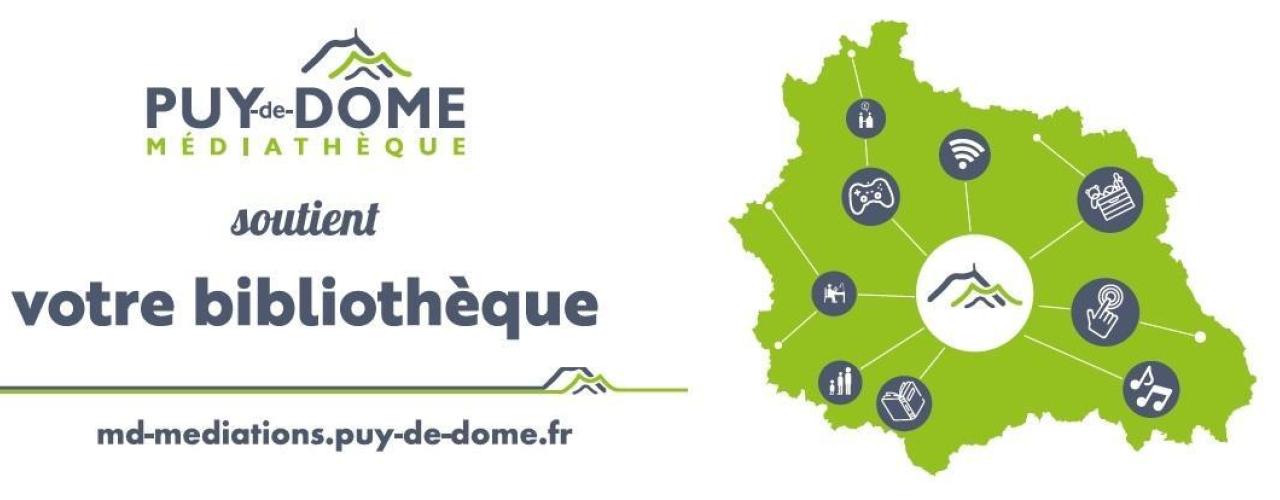 carte du Puy-de-Dôme avec des pictogrammes évoquant les services des bibliothèques