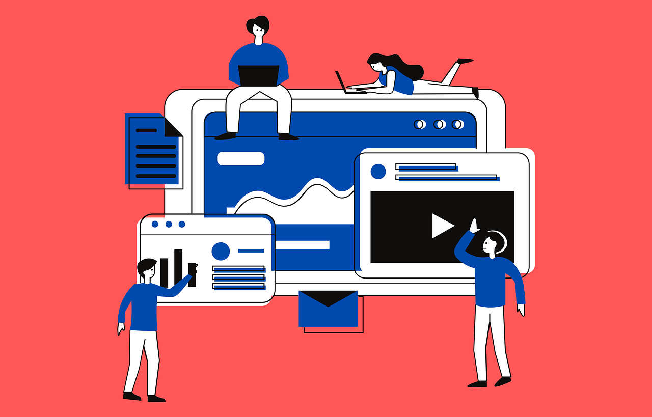 Image par Dhiraj Gursale de Pixabay - illustration homme et femme autour de différents écrans numériques