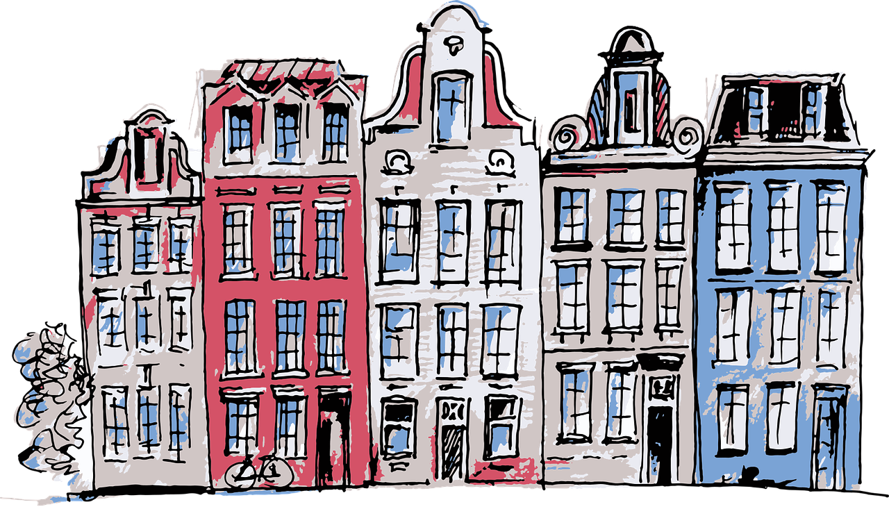 dessins de bâtiments colorés les uns à côté des autres