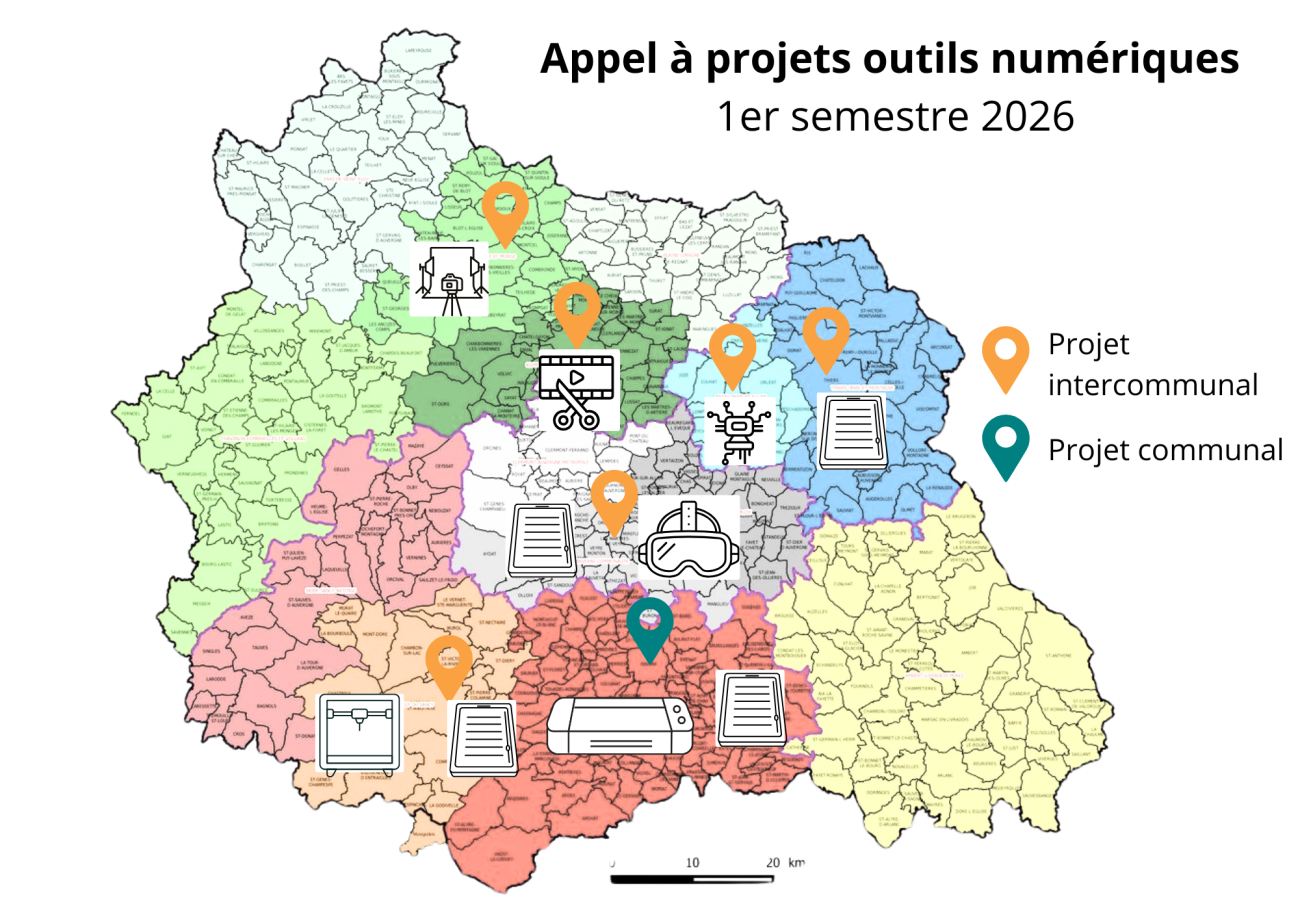Carte du Puy-de-Dôme présentant les collectivités empruntant les outils numériques de la MD