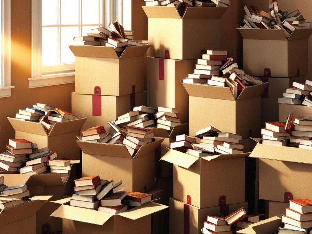 image de cartons empilés avec des livres qui débordent