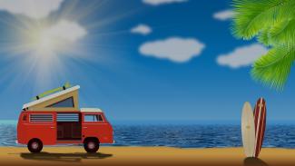 illustration plage avec un van , des surf et un palmier