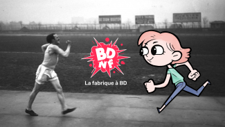 Image en noir et blanc avec homme courant, personnage d'adolescente dessiné et logo BDNF au milieu