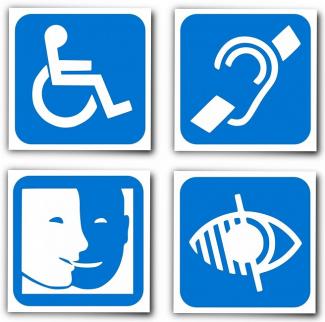 Logos des handicaps moteur, auditif, mental/psychique et visuel