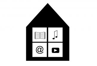 pictogrammes représentant une maison avec des services de bibliothèque, livre, notre de musique, arobase, vidéo