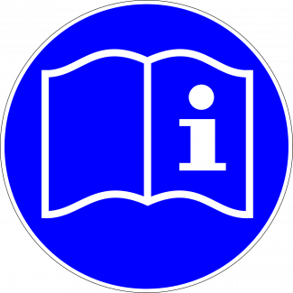 Icone d'un livre avec un i sur la page de droite sur fond bleu