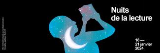 Affiche de l'événement : personnage en motif de ciel étoilé et lune lisant les bras levés