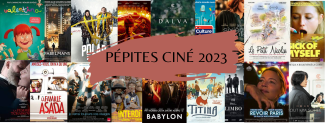 images de différents films avec bandeaux de couleur marron et rouge clair sur lesquels est écrir "pépites ciné 2023"