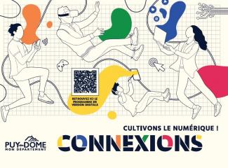 affiche du festival Connexions : personnages qui flottent avec des casques/smartphone/tablettes