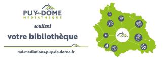 carte du Puy-de-Dôme avec des pictogrammes évoquant les services des bibliothèques