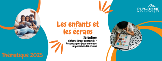 bandeau avec couleurs blanche, bleue et orange, photo d'enfant regardant tablette