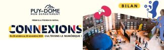 Page de garde du bila Connexoins 2024  : logo du festival et photo de l'inauguration dans le Hall du Département