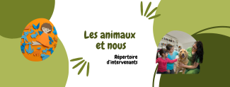 Bannière qui représente la thématique, une femme, des enfants et un chien dans une bibliothèque