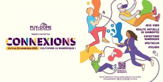 affiche du festival Connexions avec plusieurs silhouettes faisant des écrans (smartphne, pc, tablette...) 