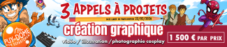 Bannière pour 3 appels à projets du Puy-de-Dôme (vidéo, illustration, photo cosplay) avec 1 500 € par prix. Personnages geek et logo du département en illustration