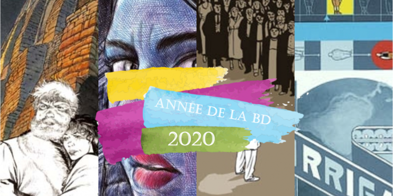 Couvertures de 4 bandes dessinées avec slogan Année de la BD 2020