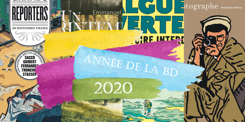 4 couvertures de BD côte à côte dont une avec personnage tenant un appareil photo, et logo Année de la BD 2020 par dessus
