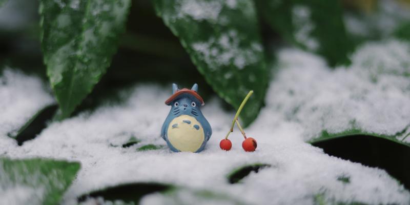 image du personnage japonais Totoro assis dans la neige avec cerises à côté