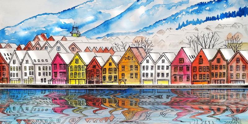 maisons nordiques colorées au bord de l'eau