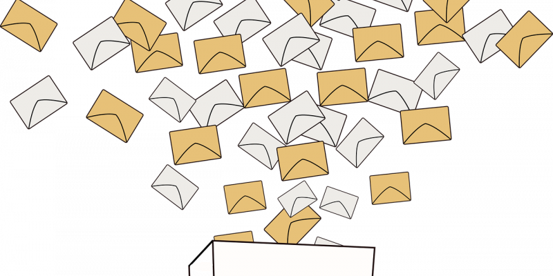Dessin de boîte (urne de vote) avec beaucoup d'enveloppes blanches et marrons qui s'envolent