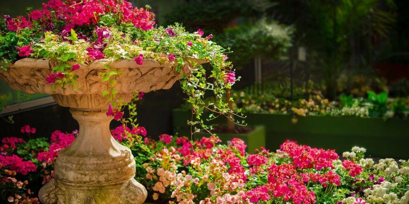 jardin avec un pot de style antique entouré de fleurs roses et blanches
