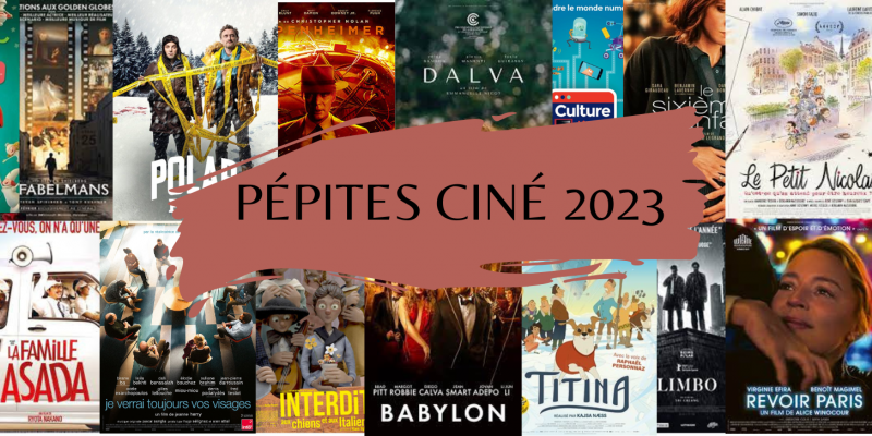 images de différents films avec bandeaux de couleur marron et rouge clair sur lesquels est écrir "pépites ciné 2023"