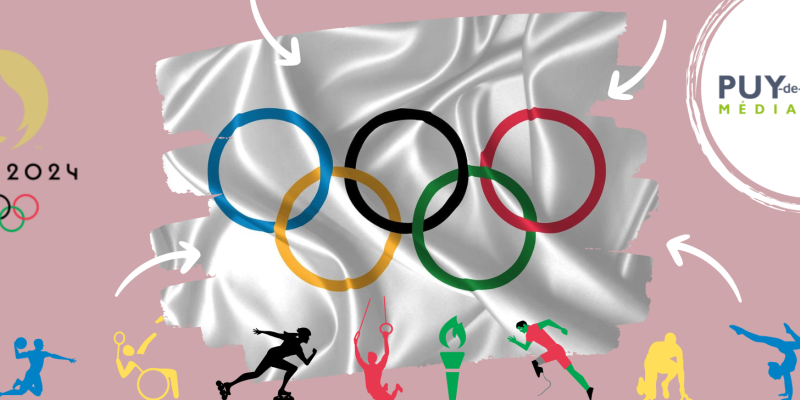 Photo représentant un drapeau avec les anneaux des JO, logo des JO PARIS 2024, figurines sportives